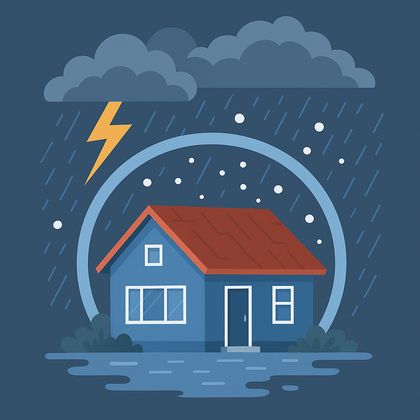Ilustración de una vivienda bajo lluvia, granizo y un rayo, rodeada por un escudo protector que simboliza la cobertura de un seguro de hogar frente a fenómenos atmosféricos.