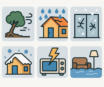 Infografía con seis iconos que representan daños cubiertos por un seguro de hogar: árbol caído por viento, tejado roto por lluvia, cristales dañados por granizo, casa cubierta de nieve, electrodoméstico dañado por rayo y salón inundado.