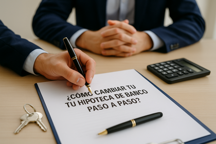 Persona firmando un contrato hipotecario en una oficina, con llaves de vivienda y calculadora sobre la mesa, representando el proceso de subrogación de hipoteca. Persona firmando un contrato hipotecario en una oficina, con llaves de vivienda y calculadora sobre la mesa, representando el proceso de subrogación de hipoteca.