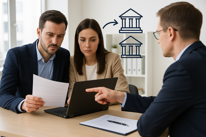 Pareja revisando documentos con un asesor financiero en una oficina, analizando el cambio de hipoteca entre bancos. Pareja revisando documentos con un asesor financiero en una oficina, analizando el cambio de hipoteca entre bancos.