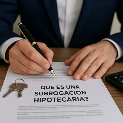 Persona firmando un contrato de subrogación hipotecaria en una oficina, con llaves y calculadora junto al documento. Persona firmando un contrato de subrogación hipotecaria en una oficina, con llaves y calculadora junto al documento.