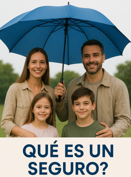 Familia sonriente protegida bajo un paraguas azul, representando el concepto de qué es un seguro.
