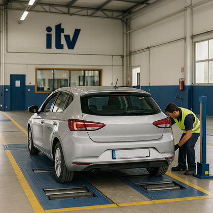 Fotografía de un vehículo plateado en una estación de ITV mientras un técnico con chaleco reflectante revisa una de sus ruedas.