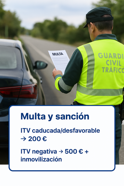 Agente de la guardia civil poniendo una denuncia a un vehículo por no tener la ITV en regla