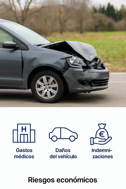 Imagen de un coche con el frontal dañado tras un accidente, acompañada de iconos que representan los costes económicos: hospital para gastos médicos, coche para daños del vehículo y mano con dinero para indemnizaciones.