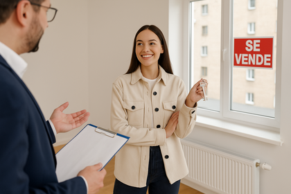Mujer joven sosteniendo llaves en un piso en venta junto a un agente inmobiliario. Mujer joven sosteniendo llaves en un piso en venta junto a un agente inmobiliario.