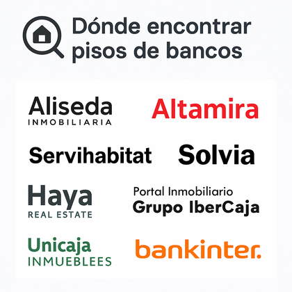 Infografía con logos de Aliseda, Altamira, Servihabitat, Solvia, Haya, Grupo Ibercaja, Unicaja y Bankinter para buscar pisos de bancos. Infografía con logos de Aliseda, Altamira, Servihabitat, Solvia, Haya, Grupo Ibercaja, Unicaja y Bankinter para buscar pisos de bancos.