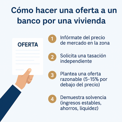 Guía visual con cuatro pasos para hacer una oferta a un banco: investigar precios, solicitar tasación independiente, plantear oferta razonable y demostrar solvencia. Guía visual con cuatro pasos para hacer una oferta a un banco: investigar precios, solicitar tasación independiente, plantear oferta razonable y demostrar solvencia.
