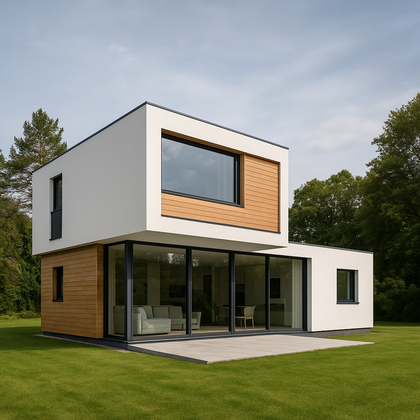 Casa prefabricada modular moderna con diseño minimalista y grandes ventanales. Casa prefabricada modular moderna con diseño minimalista y grandes ventanales.