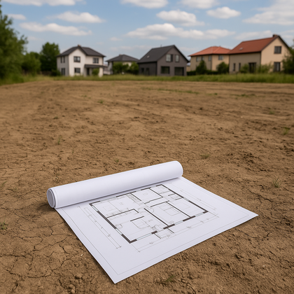 Terreno urbanizable vacío con planos arquitectónicos superpuestos listos para construir una vivienda. Terreno urbanizable vacío con planos arquitectónicos superpuestos listos para construir una vivienda.
