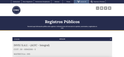 Captura del registro público de Inviu en la CNV