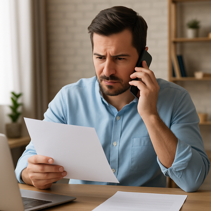 Persona con expresión preocupada leyendo papeles de seguro y llamando por teléfono desde su escritorio.