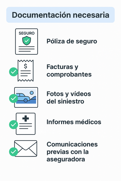 Infografía con checklist de documentos requeridos para reclamar un seguro: póliza, facturas, fotos del siniestro, informes médicos y comunicaciones previas.