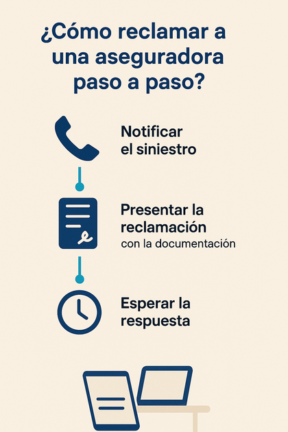 Infografía en español que muestra cómo reclamar a una aseguradora paso a paso: notificar, presentar reclamación con documentación y esperar la respuesta.