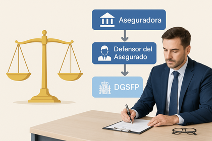 Balanza de justicia junto a un abogado revisando documentos de seguros y el proceso de reclamación: aseguradora, defensor del asegurado y DGSFP.