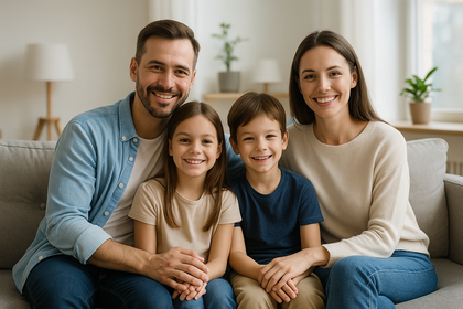 Familia sonriente en el salón de su casa, transmitiendo confianza y bienestar al contratar un seguro de hogar.