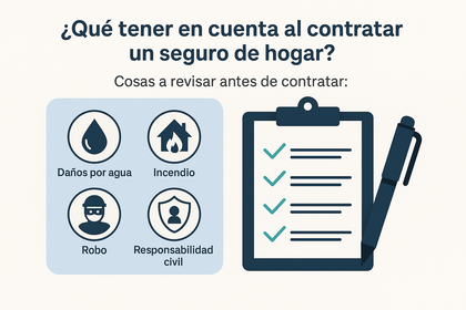 Infografía con iconos de daños por agua, incendio, robo y responsabilidad civil junto a un checklist para elegir seguro de hogar.