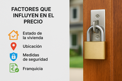 Infografía con un candado en la puerta principal y los factores que determinan el precio de un seguro de hogar: estado del inmueble, ubicación, seguridad y franquicia.
