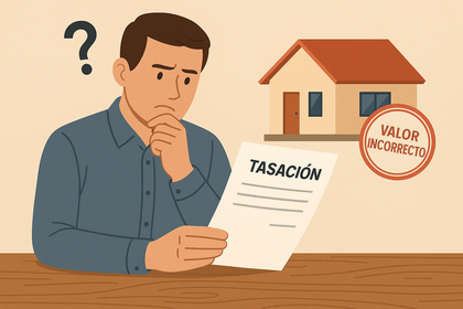 Hombre preocupado revisando una tasación de vivienda con sello de valor incorrecto.