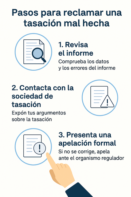 Infografía en español que muestra los pasos para reclamar una tasación mal hecha: revisar el informe, contactar con la sociedad de tasación y presentar una apelación formal.