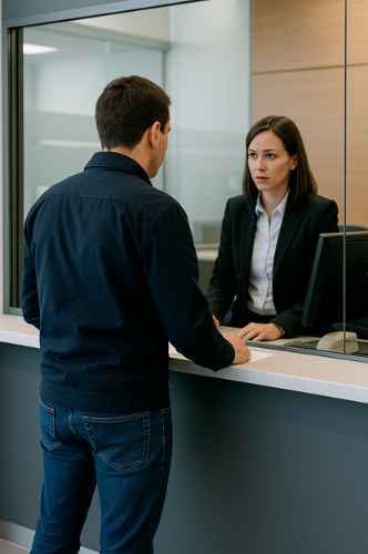 Hombre solicitando en el banco la revisión de una tasación hipotecaria ante una empleada.