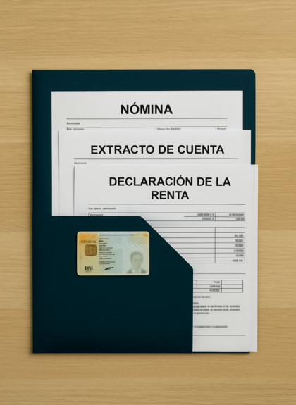 Carpeta con DNI, nóminas, extracto bancario y declaración de la renta como documentación básica para pedir una hipoteca.