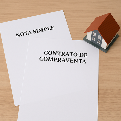 Documentación de la vivienda necesaria para pedir una hipoteca: nota simple y contrato de compraventa junto a una maqueta de casa.