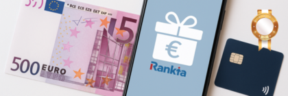 Billetes de euro, tarjeta bancaria y móvil con el logo de Rankia representando las promociones de banco