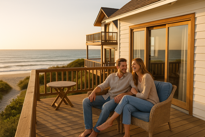 Pareja hablando y disfrutando de su segunda vivienda vacacional