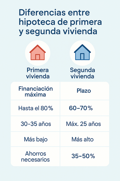 Infografía con las diferencias entre una hipoteca de primera y segunda vivienda
