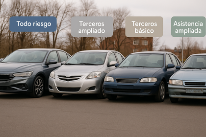 Imagen con cuatro coches estacionados en fila, de diferentes años, que representan la relación entre la antigüedad del vehículo y el tipo de seguro recomendado: todo riesgo, terceros ampliado, terceros básico y asistencia ampliada.