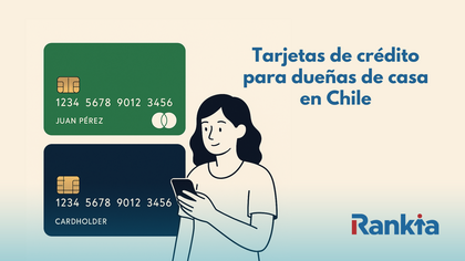 Ilustración minimalista de una mujer usando su móvil junto a dos tarjetas de crédito verdes y azules, representando las mejores tarjetas de crédito para dueñas de casa en Chile.