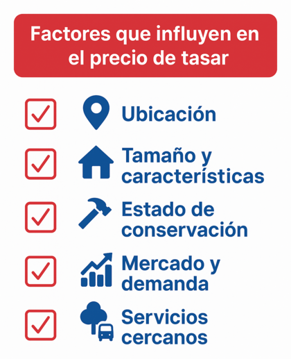 Infografía con factores que influyen en el precio de tasar una vivienda en España