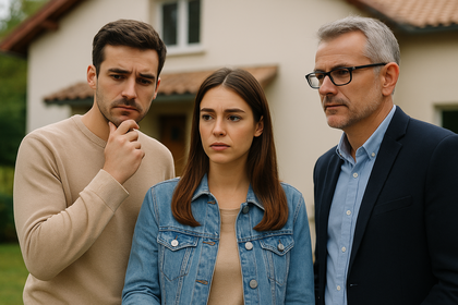Pareja joven y tasador frente a una casa, analizando una tasación más baja que el precio de compraventa.