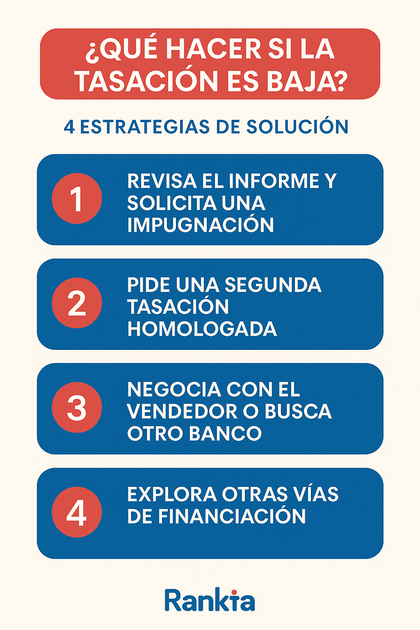 Infografía de Rankia con cuatro pasos para afrontar una tasación baja: revisar el informe, pedir una segunda tasación, negociar con el vendedor o banco y buscar financiación alternativa.