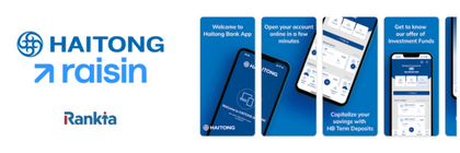 Logo de Haitong Bank y Raisin junto a la app móvil con depósitos e inversiones disponibles para clientes en España
