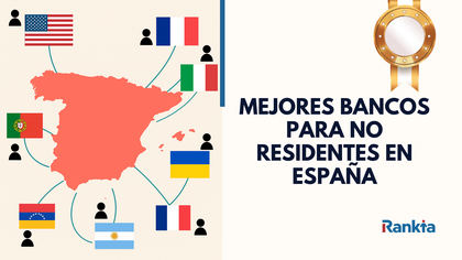 Mapa de España con banderas de Argentina, Estados Unidos, Venezuela, Francia, Italia, Portugal y Ucrania conectadas, representando los mejores bancos para no residentes en España