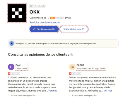 OKX opiniones de los usuarios en Trustpilot