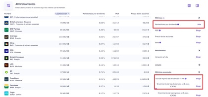 Screener de Lightyear filtrado por dividendos