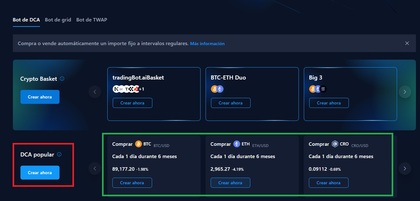 Diferentes bots de DCA en Crypto.com