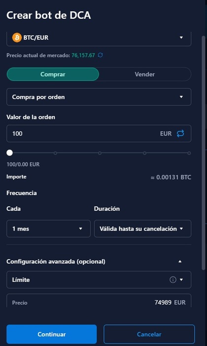 Configuración de un bot de DCA trading