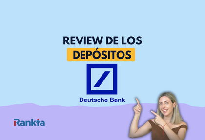 Imagen de review del Depósito Confianza Deutsche Bank con el logo de Deutsche Bank en el centro, el texto “Review de los depósitos”, el logotipo de Rankia en la parte inferior y Patricia De Abreu, especialista SEO en banca, señalando el contenido.