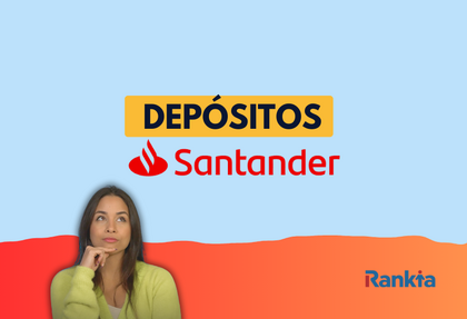 Imagen informativa sobre depósitos a plazo fijo del Banco Santander, con el logotipo de Santander y el texto “Depósitos Santander”. En la parte inferior aparece Yohana Bortolussi Marquina, especialista SEO en banca de Rankia, pensativa y mirando hacia arriba, sobre un fondo azul y naranja con el logo de Rankia.
