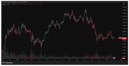 Gráfico diario del bitcoin (BTC/USD). La criptomoneda se mantiene en fase de consolidación en torno a los 90.000 dólares tras la corrección desde máximos, en un contexto de cautela del mercado ante la política monetaria de la Reserva Federal y la ausencia de catalizadores alcistas a corto plazo - Fuente: TradingView