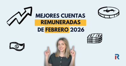 Imagen de portada del artículo sobre las mejores cuentas remuneradas febrero 2026, con fondo claro, iconos de ahorro y rentabilidad, logotipo de Rankia y la especialista en banca Patricia De Abreu señalando el título del ranking.