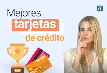 Texto que dice. mejores tarjetas de crédito gratis. Bajo del mismo, una copa y unas tarjetas de crédito. En la parte derecha de la imagen una mujer rubia, con el dedo sobre la barbilla indicando curiosidad.