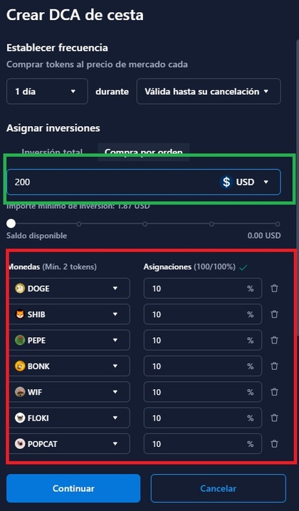 Cesta de memecoins con inversión periódica (Bot DCA) | Fuente: Crypto.com