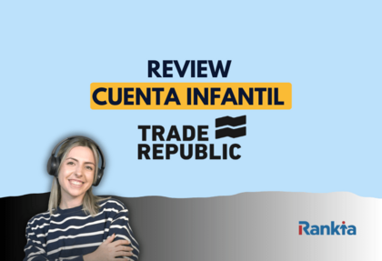 Portada del contenido review de la Trade Republic cuenta infantil, fondo azul con texto destacado, logo de Trade Republic y logo de Rankia, con Patricia De Abreu, experta en ahorro Trade Republic en Rankia.