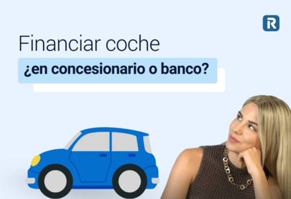 imagen con texto que dice: financiar coche ¿en concesionario o banco? Todo en tonos azules. Bajo de este texto un icono de un coche y junto a él, una mujer mirando hacia el texto y con cara pensativa.