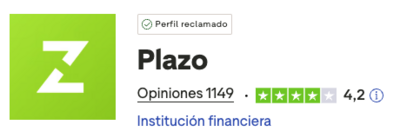imagen donde se muestra la valoración de Plazo en la plataforma Trustpilot. Se muestra que de 1149 ha obtenido un 4,2/5 estrellas de valoración